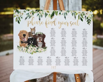Custom Wedding Seating Chart Dog, Wedding Seating Chart Sign Pet, White Flowers Wedding Signs Dog Seating Plan, Boho Wedding Signs Greenery