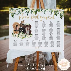 Custom Wedding Seating Chart Dog, Wedding Seating Chart Sign Pet, White Flowers Wedding Signs Dog Seating Plan, Boho Wedding Signs Greenery
