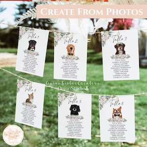 Dogs Wedding Seating Chart Cards with Pets, Custom Wedding Table Number Cards Printable, Peony Wedding Guestlist Seating Arrangement Signs