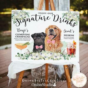 Menú de barra de perro, SIGNO DE BEBIDA DE FIRMA, Menú de cócteles, Boho blanco gris verde flores rústico boda mascota signo, signo de bebida de gato personalizado