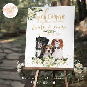 Personalizzato matrimonio segno di benvenuto Pet, cani segno di nozze di benvenuto, Boho Wedding Decor Cat, lamina d&#39;oro verde fiore bianco, ritratto digitale dell&#39;animale domestico
