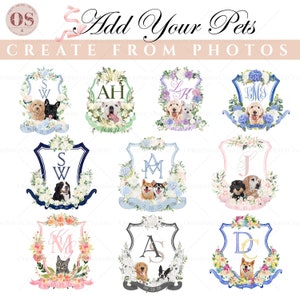 Benutzerdefinierte Hochzeit Crest Monogramm Logo mit Haustieren, Aquarell Hochzeit Crest digitaler Download, Hochzeit Floral Crest Einladung Initial Logo
