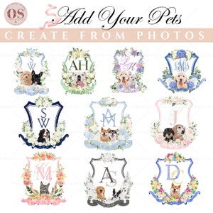 Custom Wedding Crest Monogram Logo with Pets, Watercolor Wedding Crest Digital Download, Wedding Floral Crest Invitation Initial Logo