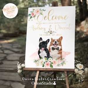 Welcome Wedding Sign Printable Pets, Pink Flowers Wedding Sign Dogs, Boho Wedding Sign Cats, Custom Wedding Signs, Rustic Wedding Signage