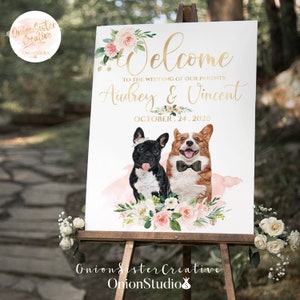 Welcome Wedding Sign Printable Pets, Pink Flowers Wedding Sign Dogs, Boho Wedding Sign Cats, Custom Wedding Signs, Rustic Wedding Signage