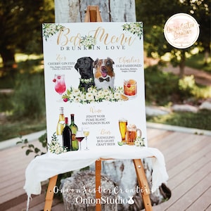 MENU de BAR personnalisé, signe de mariage de chien, Menu de boissons Signature, personnalisé numérique imprimable ivre en amour Floral Menu signe modèle modifiable
