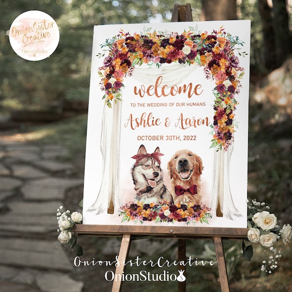 Autumn Wedding Welcome Sign Pets, Printable Welcome Wedding Sign, Fall Wedding decor Dog, Rustic Wedding Signs, Personalized Wedding Signage
