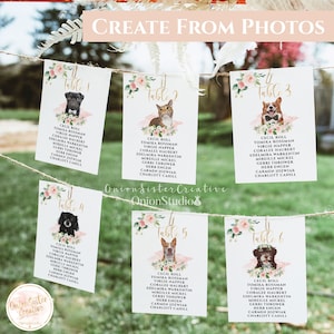 Dogs Wedding Seating Chart Cards with Pets, Custom Wedding Table Number Cards Printable, Elegant Wedding Guestlist Seating Arrangement Signs