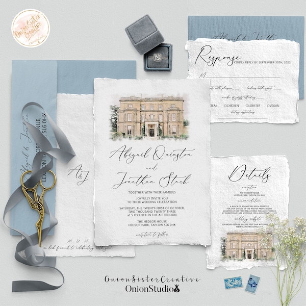 Watercolour Venue Wedding Invitation Set Printable Wedding Invite Suite RSVP Card Wedding Menu Personalized Wedding Program Cards Digital