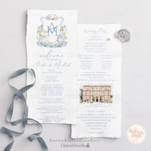 Custom Wedding Crest Invites with Wedding Venue Watercolor Invitation Suite with RSVP Card, Double Sided Wedding Program Cards, Wedding Menu