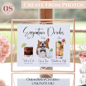 Signo del menú del bar de bodas con perros imprimibles, bebidas para perros firman decoración de la mesa de la boda, mascotas minimalistas del signo de la boda, gatos del signo de la bebida de la firma