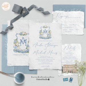 CUSTOM CREST, Monogram INVITATION, Custom Wedding Suite, Watercolor Invitation Set with Rsvp and Wedding Venue Monogram Invitation