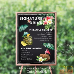 Signe de barre de mariage tropical, signe de tableau de signe de boisson de signature, signes de mariage rustiques, signalisation imprimable de mariage, menu de boissons de mariage de Hawaii