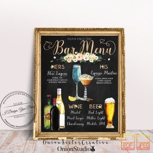 Signo de menú de barra de boda boho, decoración de mesa de boda floral, signo de bebida de firma de pizarra, signo de barra de boda rústica, signos de boda personalizados