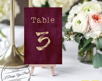 Burgundy Table Numbers,Printable Table Number Cards,Gold Foil Calligraphy Font Wedding Table Decor, Marsala Wedding Template