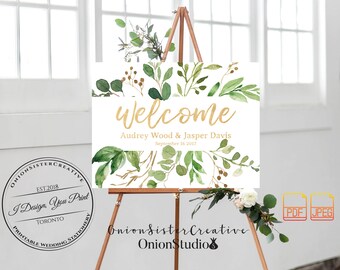 Welcome Sign Wedding,Greenery Wedding Signage,Rustic Wedding Signs,Custom Welcome To Our Wedding Reception Sign,Gold Foil Calligraphy Font
