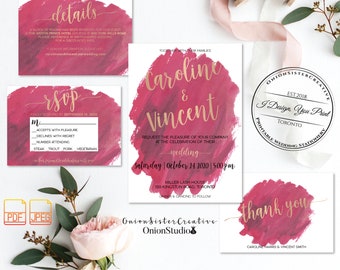 Burgundy And Gold Modern Wedding Invitation Set Printable, Marsala Wedding Template,Watercolor Ombre Gold Foil Calligraphy Font