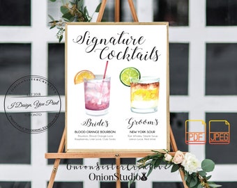Rustic Wedding Signature Cocktail Drinks Sign,Watercolor Wedding Bar Sign,Custom Wedding Drink Sign,Personalized Wedding Signage,Script Font