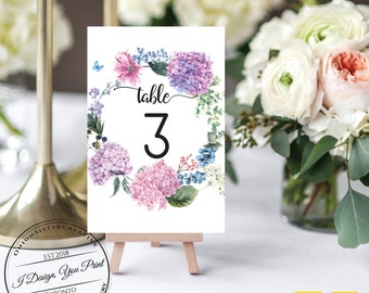 Wedding Table Number,Hydrangea Floral Wreath Printable Wedding Table Numbers,Calligraphy Font Boho Wedding Table Decor,Rustic Table Numbers