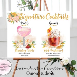 Signe de boissons Cocktail Signature imprimable, signe de mariage Boho, signalisation de mariage personnalisé, signe de boisson pour lui et le sien, signe de Menu de barre de mariage rustique