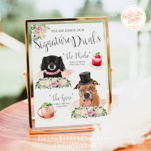 Signo de bebida de firma perro, rubor rosa boda firma cóctel bebida mascota, signo de barra de boda imprimible mascota, gato de signo de boda Boho, signo de mesa