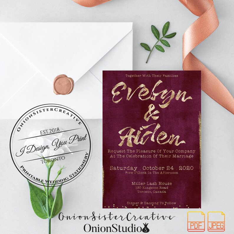 Burgundy Wedding Invitation Set,Printable Wedding Invitation,Gold Foil Wedding Invites,Letterpress Font Wedding Card,Rustic Wedding Suite