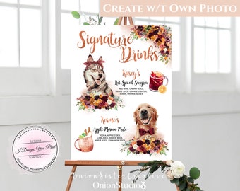 Autumn Wedding Signature Drinks Sign Pet, Boho Wedding Signs Dog Printable, Custom Pet Portrait, Orange Burgundy Purple Flowers Fall Wedding