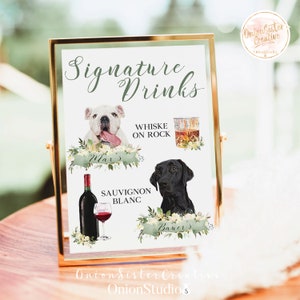Pet Signature Drink Sign, Wedding Signature Cocktail Drinks Sign with Dogs, Personalized Wedding Sign with Pets, Wedding Bar Menu with Dogs