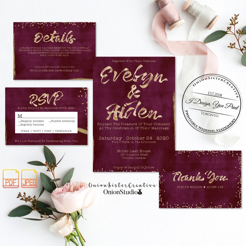 Burgundy Wedding Invitation Set,Printable Wedding Invitation,Gold Foil Wedding Invites,Letterpress Font Wedding Card,Rustic Wedding Suite