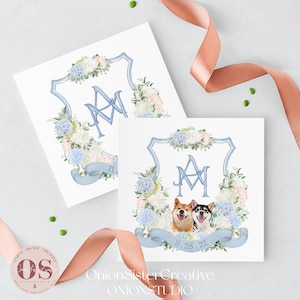 Benutzerdefinierte Hochzeit Crest Monogramm Logo mit Haustieren, Aquarell Hochzeit Crest digitaler Download, Hochzeit Floral Crest Einladung Initial Logo