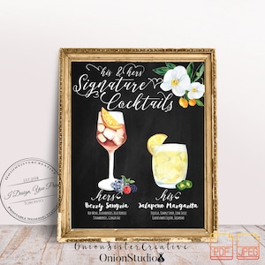 Signo de bebida de firma de pizarra, flores de boda de orquídeas, signos de boda rústicos, signo de cóctel de firma de boda boho, signos de menú de barra imprimibles