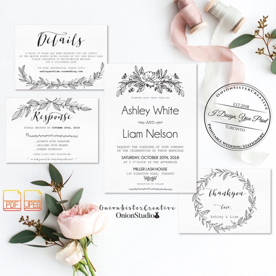 Minimalist Wedding Invitation Printablehand Drawn Floral Etsy