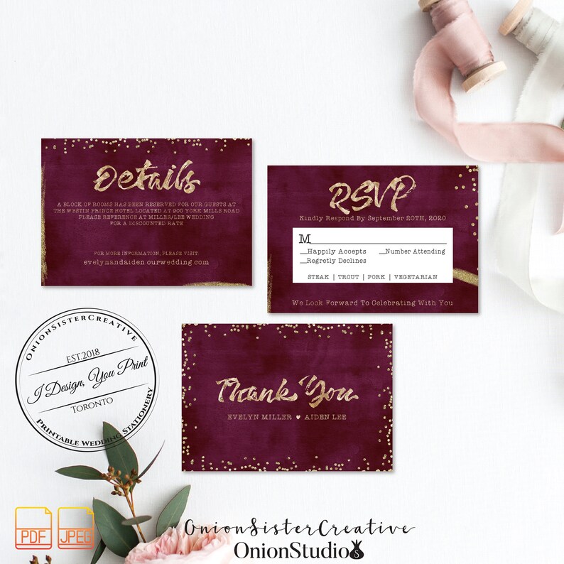 Burgundy Wedding Invitation Set,Printable Wedding Invitation,Gold Foil Wedding Invites,Letterpress Font Wedding Card,Rustic Wedding Suite