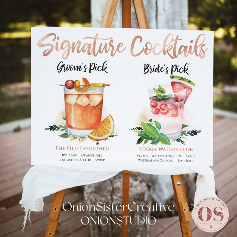 COCKTAIL SIGN, Custom DRINK Sign, Wedding His And Hers Drinks Sign, Custom Watercolor Flowers Wedding Signature Drink Sign Wedding Bar Sign image 1