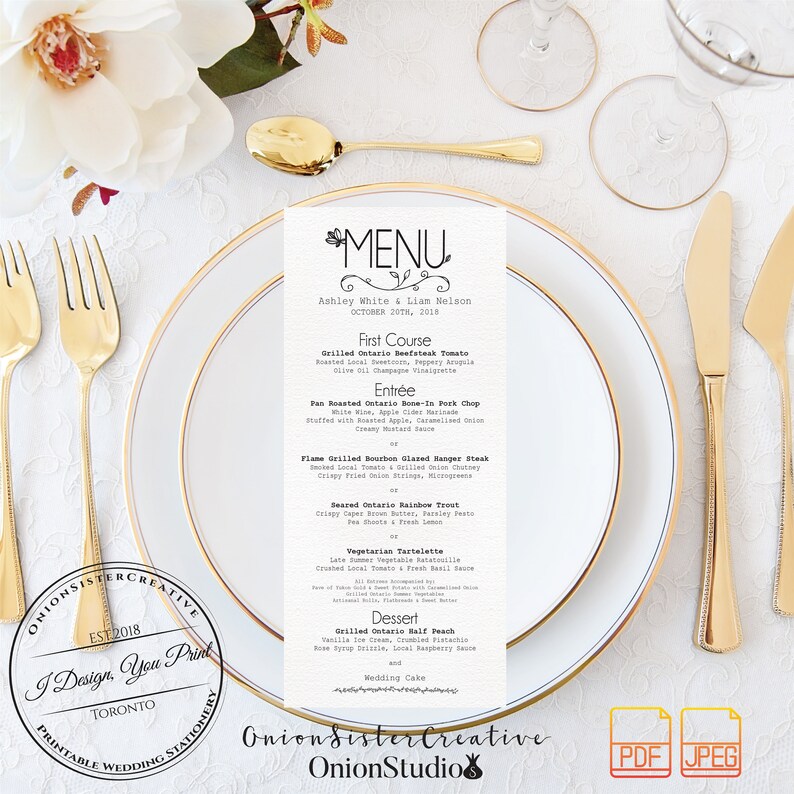 Hand Drawn Floral Wedding Menu Template,Printable Wedding Rehearsal Dinner Menu Cards,Modern Wedding Table Decor,Simply Wedding Invitation
