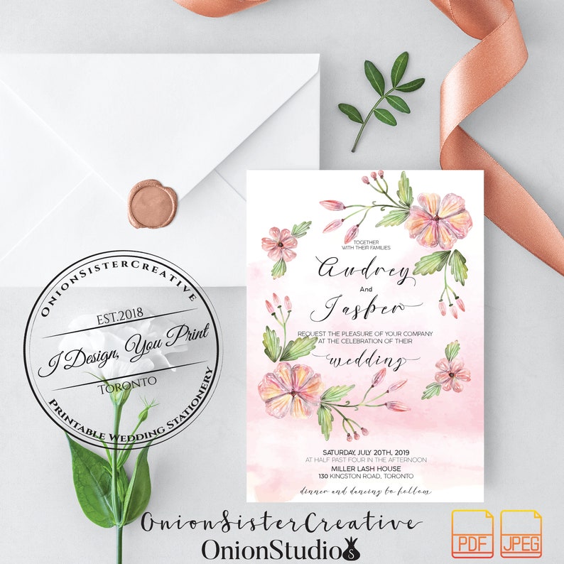 Blush Watercolor Wedding Invites,Boho Wedding Invitation Template,Printable Wedding Invitation Set,Rustic Wedding Invites,Script Font