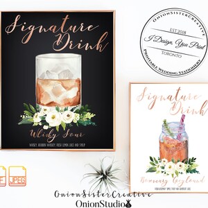 Signo de bebida de firma de boda boho, menú de bebida de boda rústica, cartel de cóctel de firma de boda de hoja de oro rosa, cartel de boda de pizarra imprimible