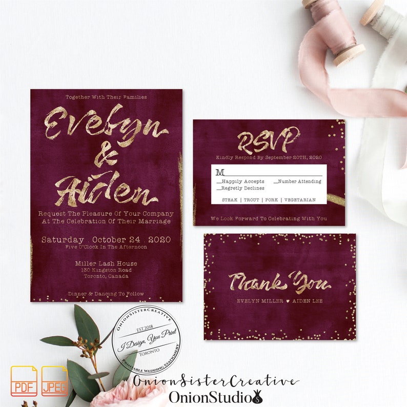 Burgundy Wedding Invitation Set,Printable Wedding Invitation,Gold Foil Wedding Invites,Letterpress Font Wedding Card,Rustic Wedding Suite