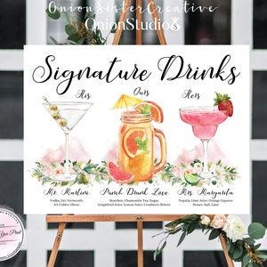 Signo de cócteles de firma de boda rústica, signo de bebidas de firma de boda Boho, rubor y flores de acuarela blanca señalización de boda imprimible