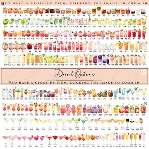 May include: A chart of 267 watercolor illustrations of different cocktails and drinks. Each illustration is numbered. The chart is titled "Drink Options".