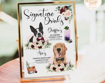 Dogs Signature Drink Sign, Personalized Wedding Table Signs, Printable Wedding Signature Cocktail Drink Pet, Burgundy Wedding Bar Menu Signs