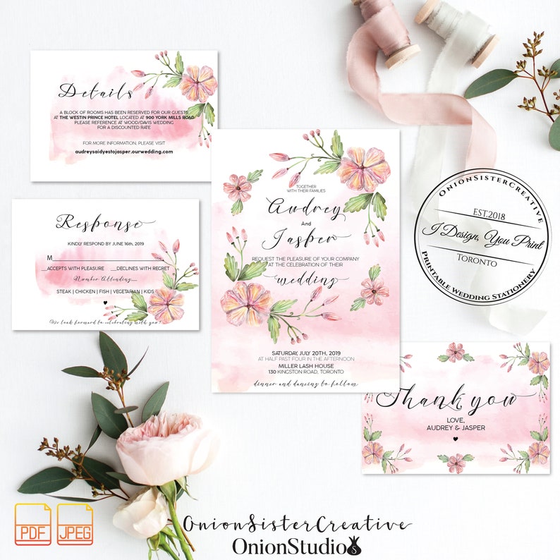 Blush Watercolor Wedding Invites,Boho Wedding Invitation Template,Printable Wedding Invitation Set,Rustic Wedding Invites,Script Font