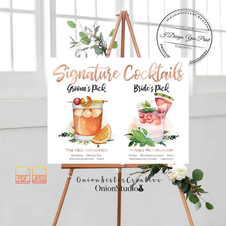 COCKTAIL SIGN, Custom DRINK Sign, Wedding His And Hers Drinks Sign, Custom Watercolor Flowers Wedding Signature Drink Sign Wedding Bar Sign image 5