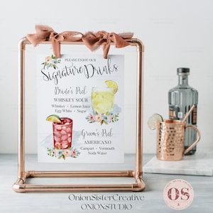 SIGNE DE COCKTAIL, signe de boisson personnalisé, signe de boissons de mariage, aquarelle numérique fleurs mariage Signature boisson signe mariage Bar signe