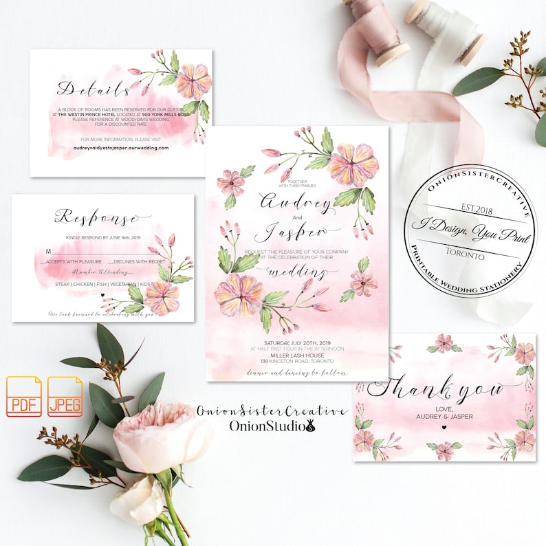 Blush Watercolor Wedding Invites,Boho Wedding Invitation Template,Printable Wedding Invitation Set,Rustic Wedding Invites,Script Font
