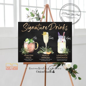 Tafel Hochzeit Signatur Getränk Zeichen, rustikale Hochzeit Cocktail Getränke Zeichen, Boho Hochzeit Grün Kranz Bar Zeichen, Hochzeit Bar Menü druckbar