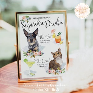 Dog Bar MENU, SIGNATURE DRINK Sign, Cat Bar Sign, Floral Menu Template, Make Your Own Digital Printable Wedding Reception Signage