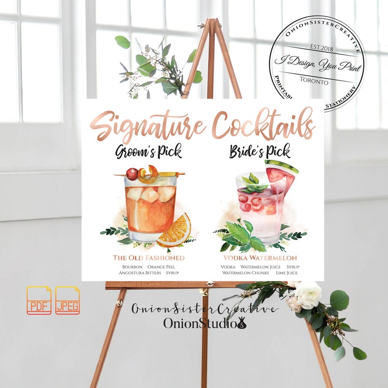 COCKTAIL SIGN, Custom DRINK Sign, Wedding His And Hers Drinks Sign, Custom Watercolor Flowers Wedding Signature Drink Sign Wedding Bar Sign image 2