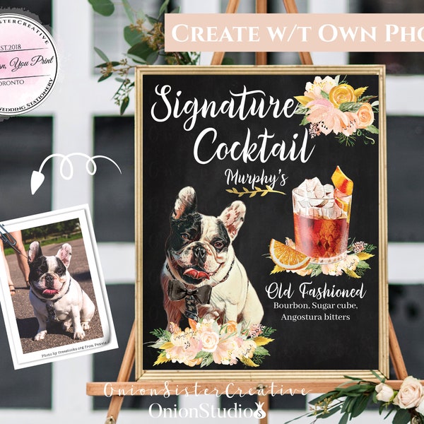 Chiens dans les signes de boisson de signature de mariage, Boho Wedding Cocktail Drink Sign Pets, Rustic Wedding Bar Sign Decor, Pink Coral Gold Wedding Cats