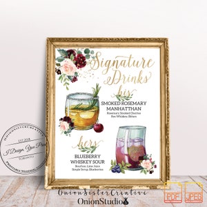 Signo de bebidas de firma de boda de Borgoña, flores de acuarela de señalización de boda boho, signo de bebidas de cóctel de boda floral rosa, signos de boda rústicos